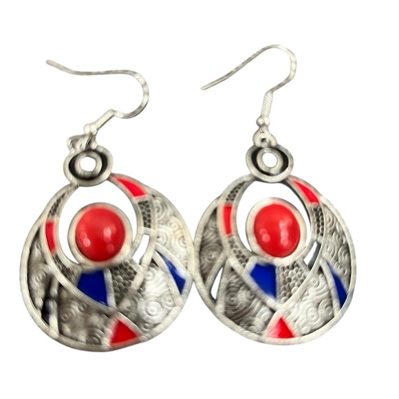 Artistic Red and Blue Dangle Earrings - Picture 1 of 5